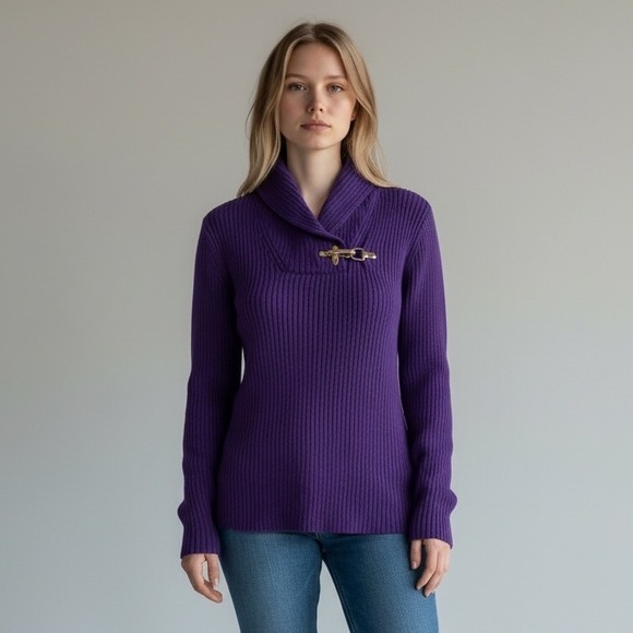 Ralph Lauren Sweaters - Ralph Lauren Sweater Women's Medium Purple Shawl Gold Collar Clasp Ribbed EUC‎